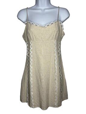 Klesis Mini Slip Dress Size M Beige Linen Blend Scalloped Crochet Trim